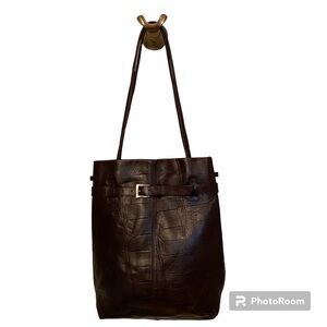 FALOR ITALY SHOULDER BAG TOTE BROWN LEATHER CROCO LOOK 2 STRAP SNAP CLOSE